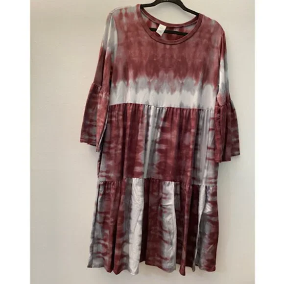 NWOT Burgundy Tie Dye Plus Size Casual Midi Dress with Side  Pockets. Bohemian - Picture 5 of 7